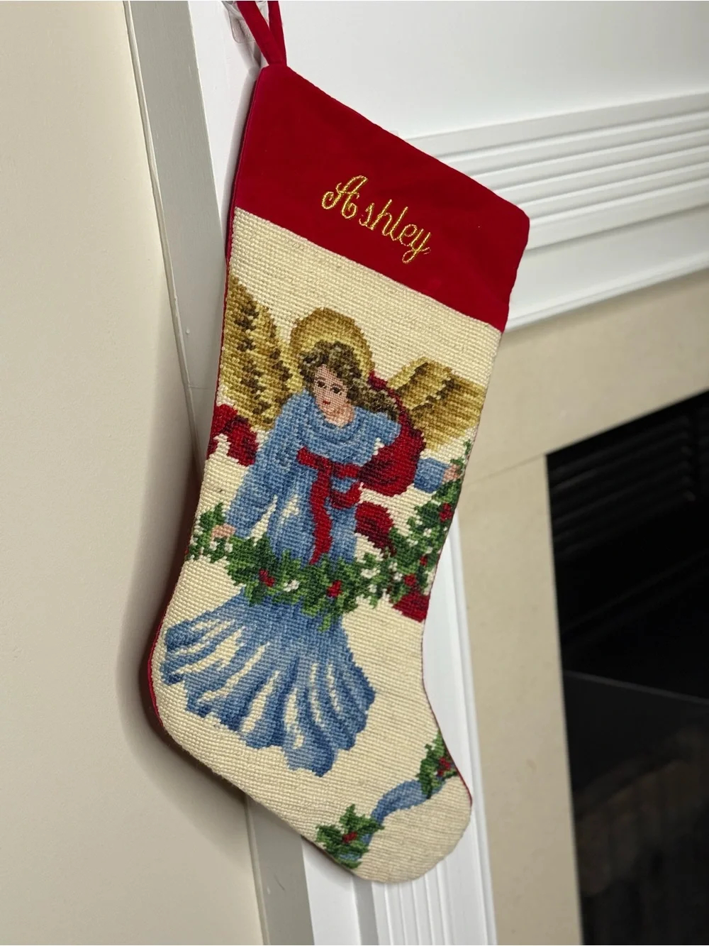 Ashley Embroidered Red Cuff Angel Needlepoint Christmas Stocking Lillian Vernon